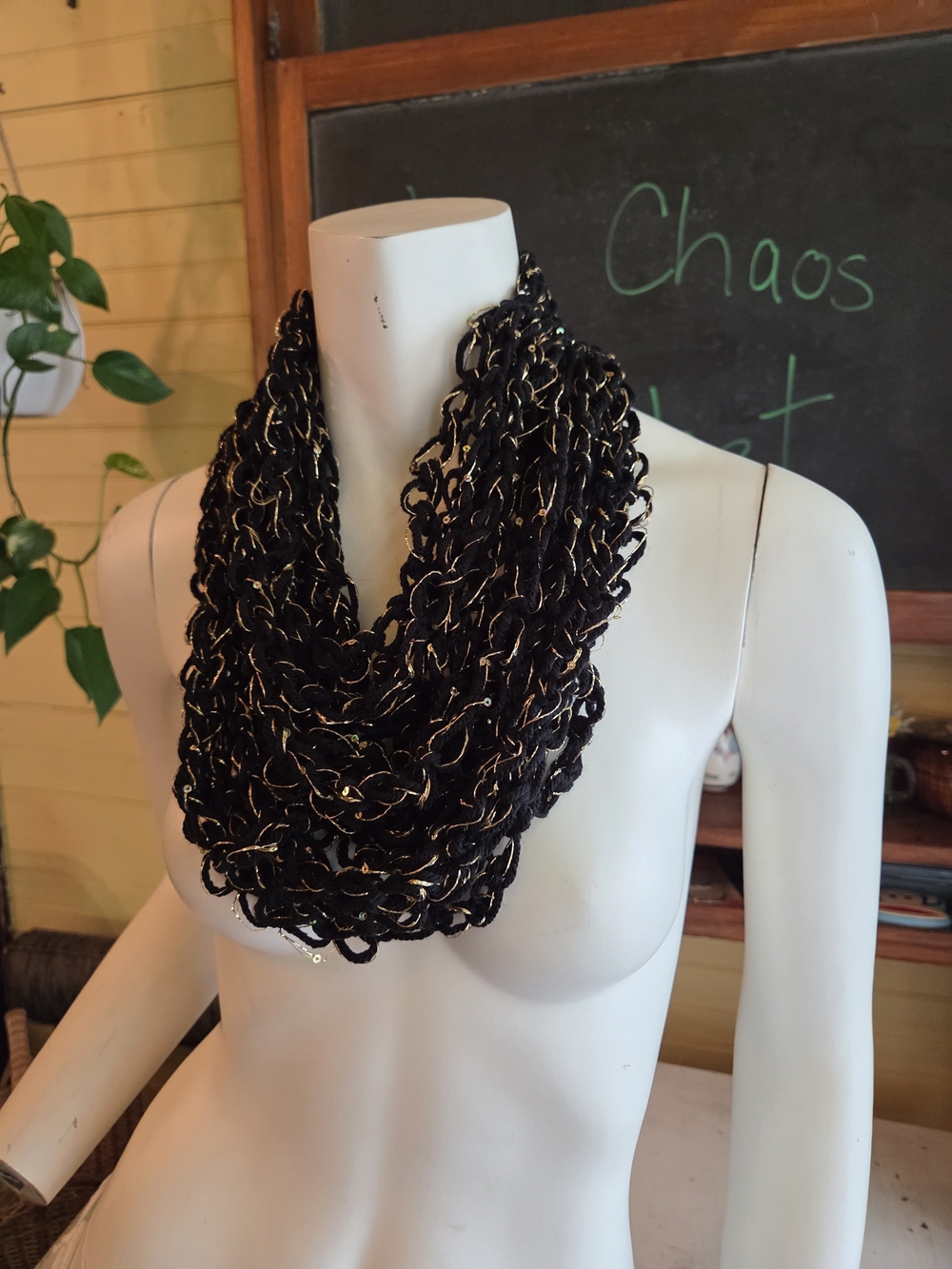 Handmade Black & Gold Chunky Knit Infinity Scarf - Women's Accessories
